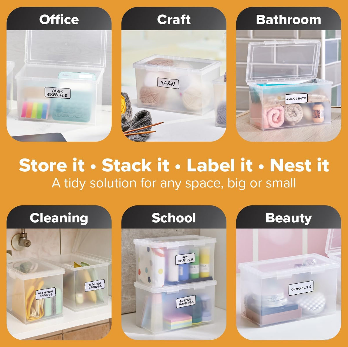 Bostitch Konnect Storage Containers with Lids, Office Organizer, Clear Plastic Box, Desk and Home Organizer, Labels, 4 Qt, 2 Pack