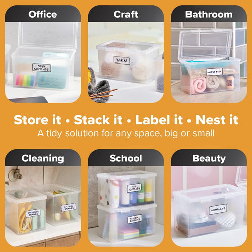 Bostitch Konnect Storage Containers with Lids, Office Organizer, Clear Plastic Box, Desk and Home Organizer, Labels, 4 Qt, 2 Pack