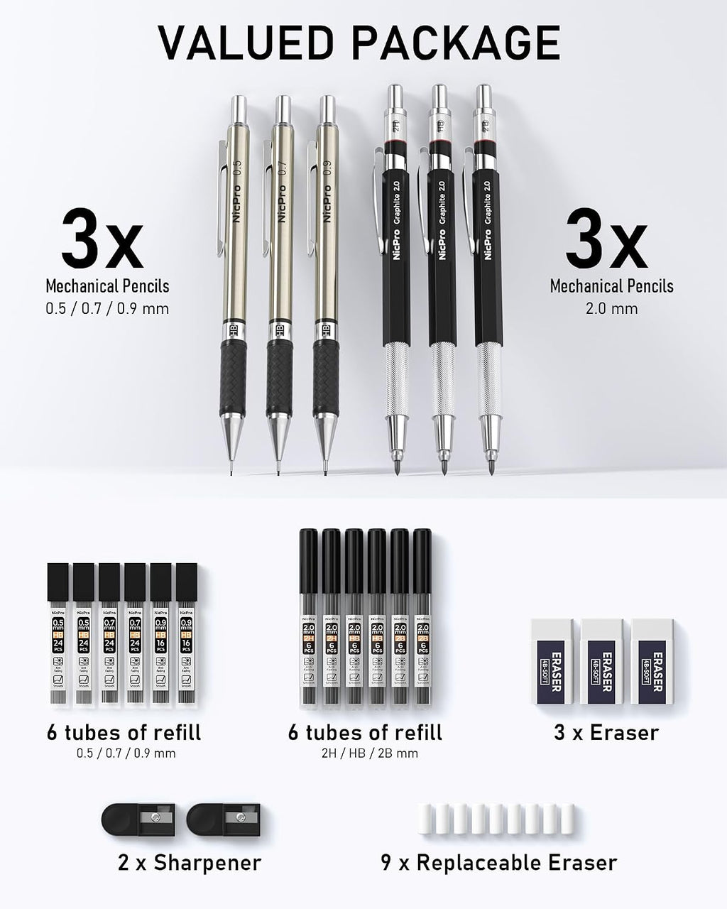 Nicpro 6PCS Art Mechanical Pencil Set, 0.5/0.7/0.9/2mm Point
