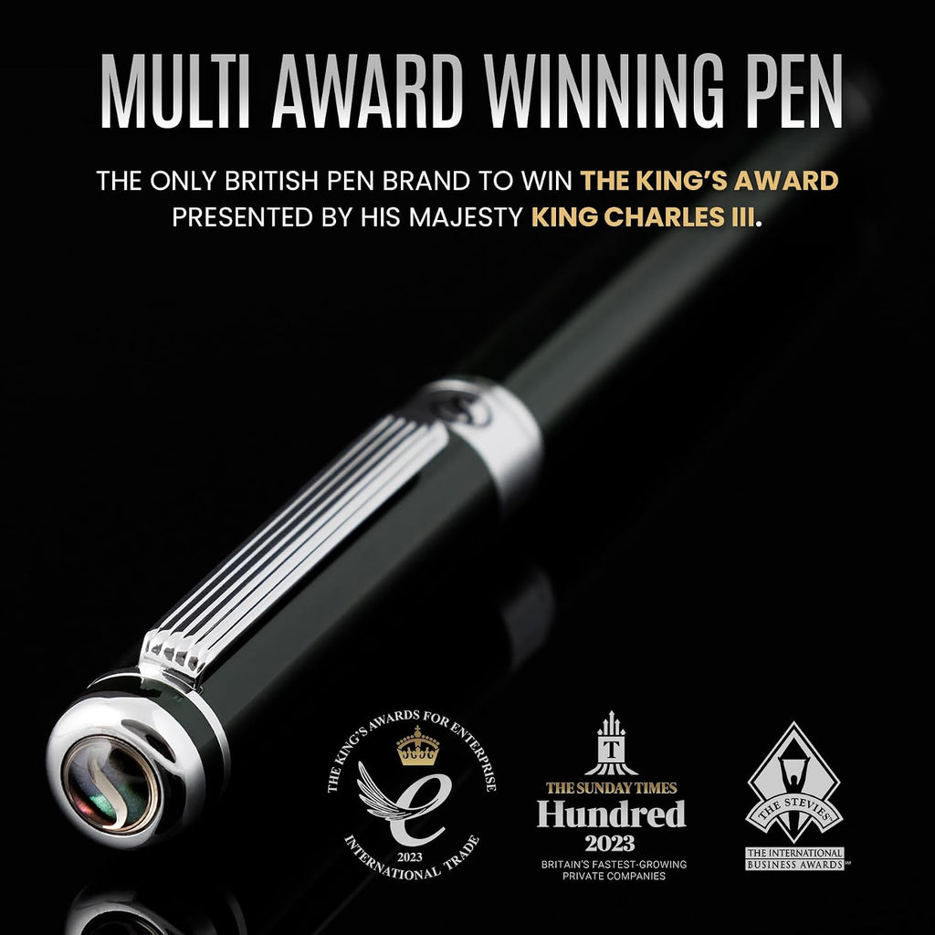 Scriveiner Black Green Rollerball Pen - Stunning Luxury Pen, Chrome Finish, Schmidt Ink Refill, Best Roller Ball Pen Gift Set for Men & Women, Professional, Executive Office