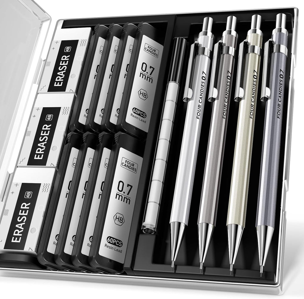 Mechanical Pencil Set, 0.7mm 4-Pack with Case, Metal Body, Medium Point