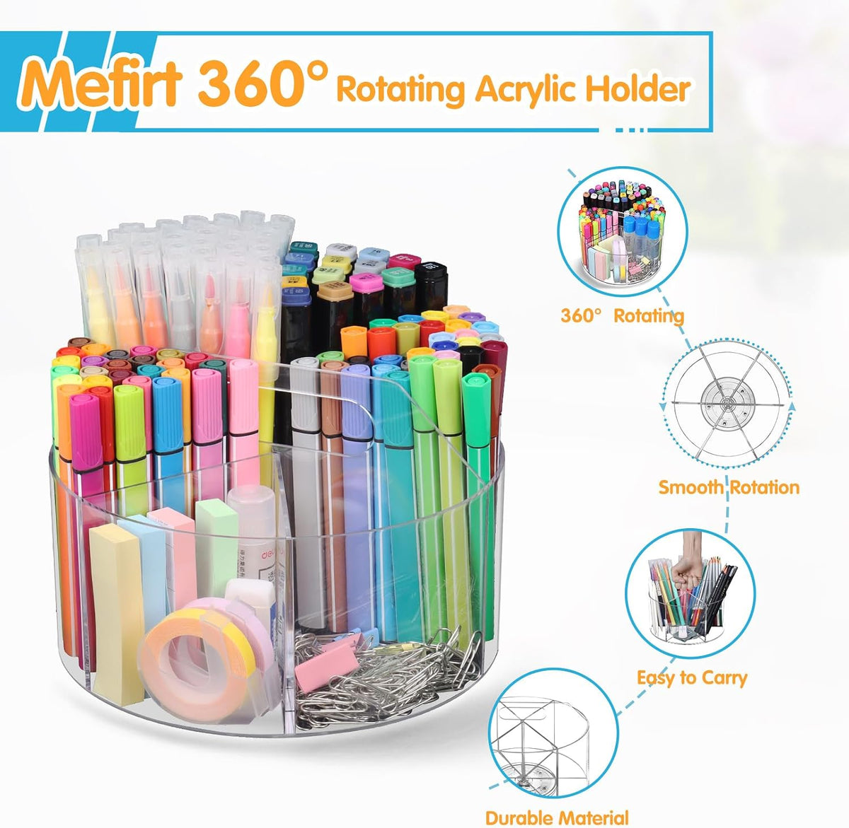 Mefirt Acrylic Pen Holder, 360 Degree Rotating Pen Organizer, Rotating Desk Acrylic Office Organizer with 6 Compartments, Marker Organizer for Kid, Crayon Caddy School Art Supply Storage Organizer
