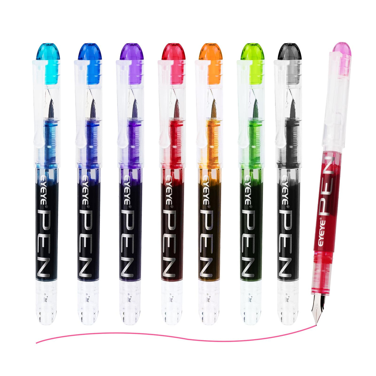 EYEYE Fountain Pens for Writing, 8 Pack Assorted Colors Fine Point Disposable Fountain Pens Stainless Steel Nib, Smooth Writing for Journaling, Drafting, Sketching, Doodling & Gifts