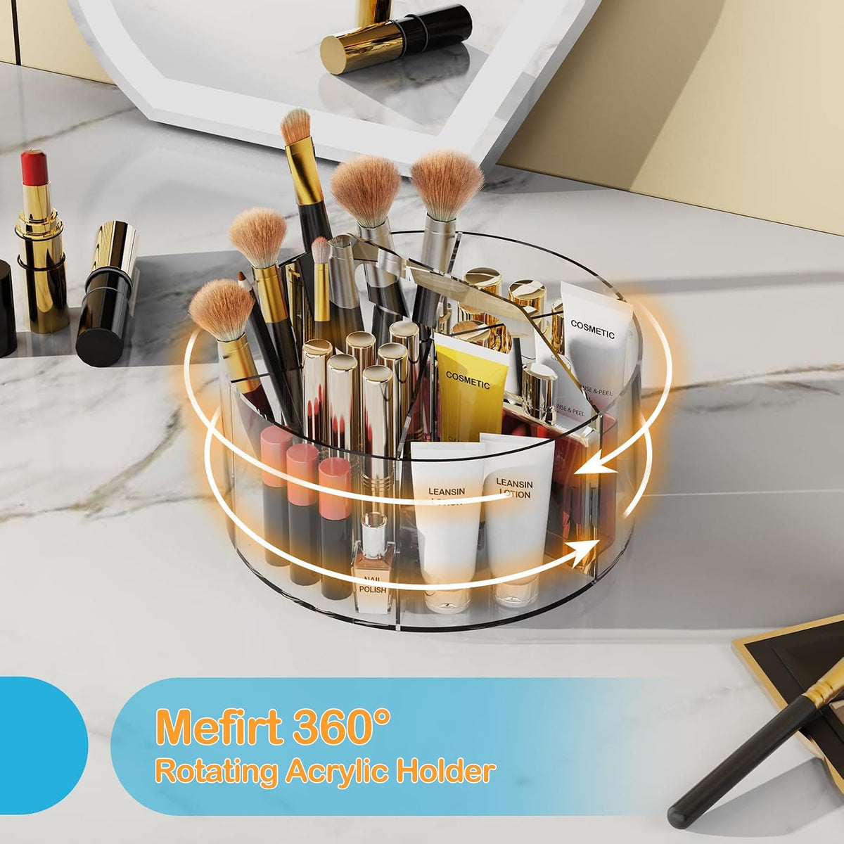 Mefirt Acrylic Pen Holder, 360 Degree Rotating Pen Organizer, Rotating Desk Acrylic Office Organizer with 6 Compartments, Marker Organizer for Kid, Crayon Caddy School Art Supply Storage Organizer