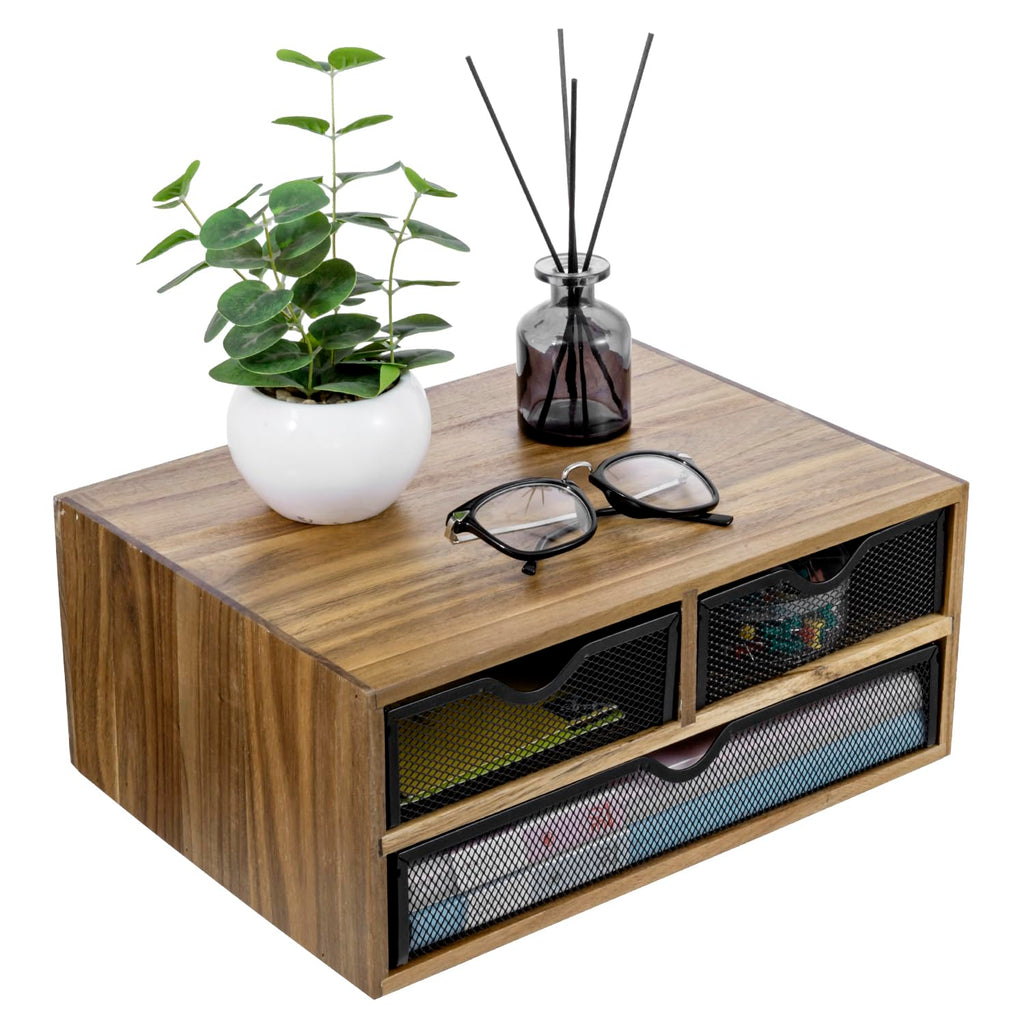 MyGift Rustic Burnt Brown Solid Wood Desktop Organizer Box with 3 Removable Black Metal Mesh Trays, Office Desk Supplies Storage Drawers for Accessories