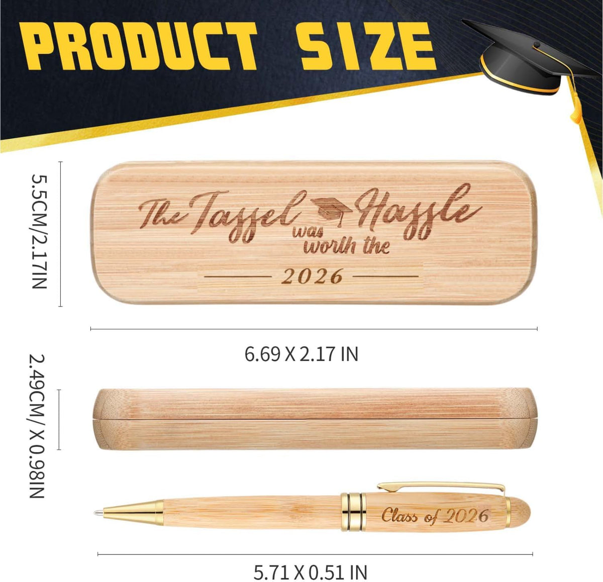 Yinkin Graduation Gifts for Him Her Class of 2026 Seniors Students Bamboo Pen Set Wooden Textured Bamboo Pen and Box Inspirational Congratulation Gift(the Tassel Was Worth the Hassle)
