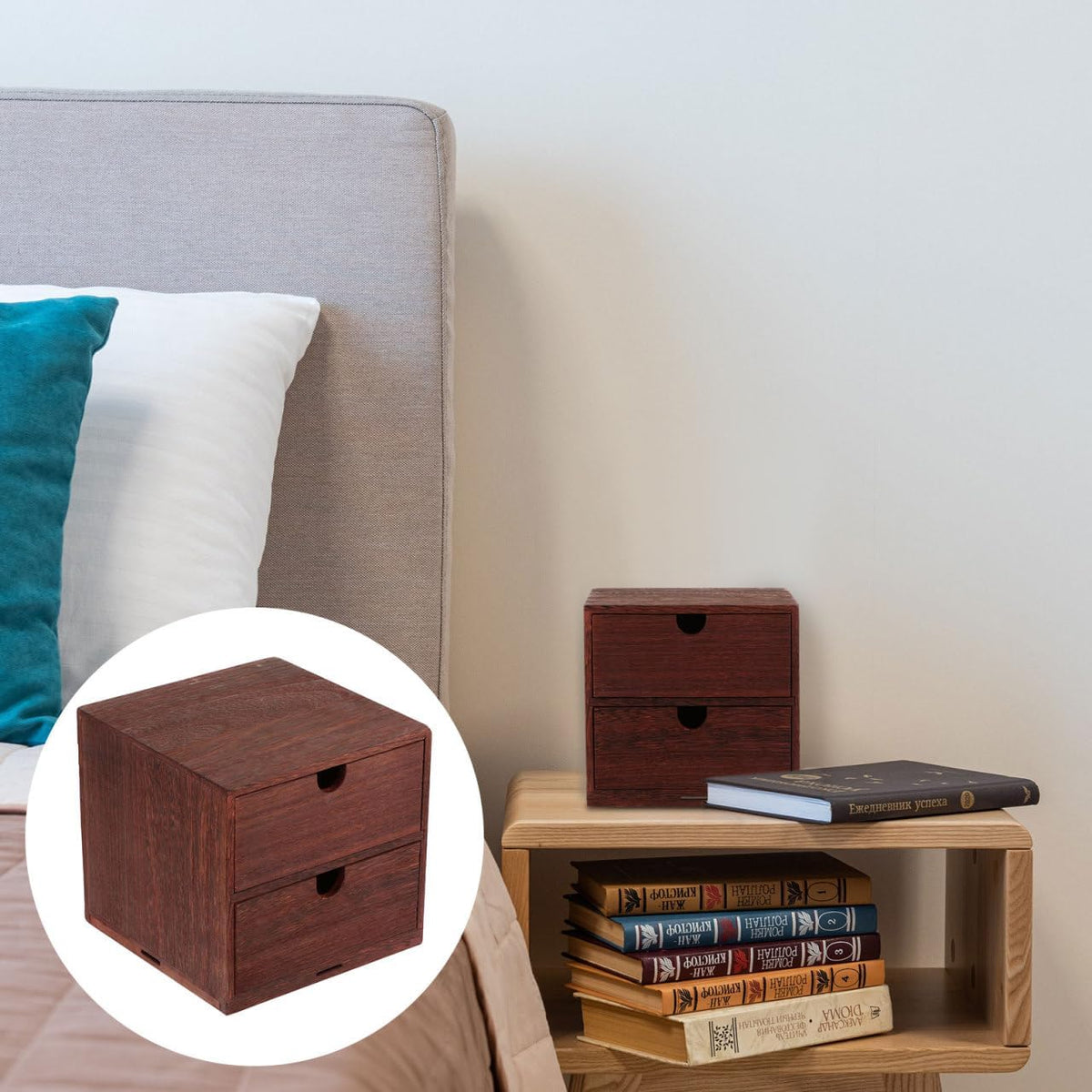Cabilock Wooden Drawer Organizer, Two-Layer Desktop Storage Box