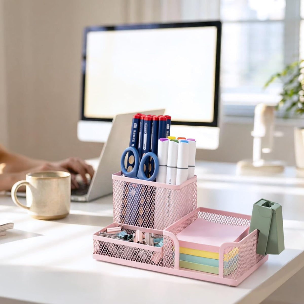 M&G Mesh Pen Holder Desk Organizers Pencil Holder for Desk Pink, 3 Compartments Metal Office Supply Organizer with Sticky Notes Holder for Home Office
