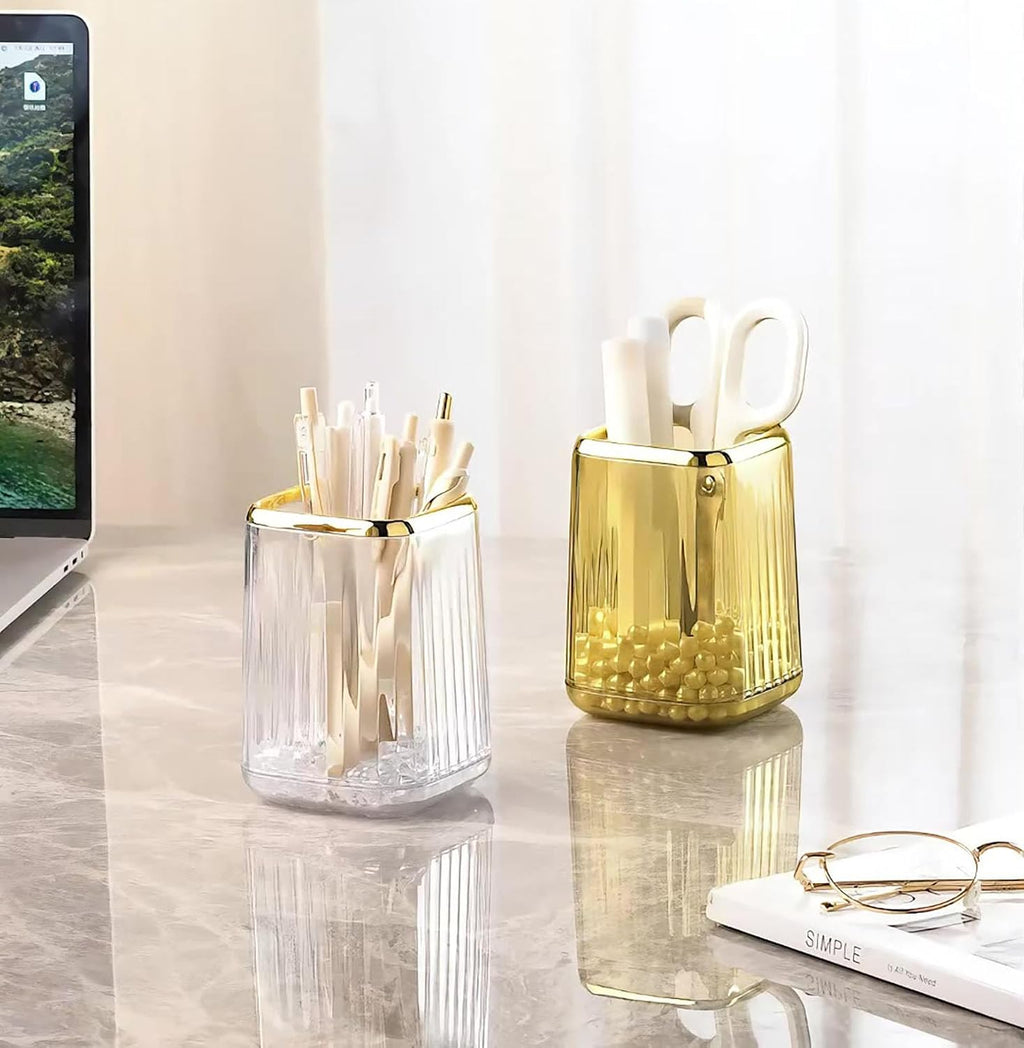 Acrylic Pen Holder, Cute Clear Gold Desk Organizer for Pencils, Makeup Brushes Toothbrushes with Striped Design for Vanity Bathroom Storage Cup