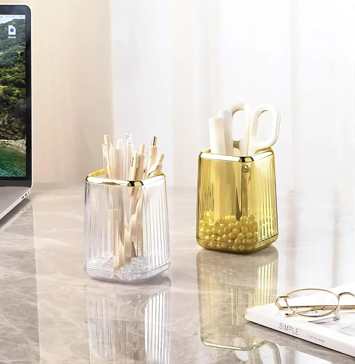 Acrylic Pen Holder, Cute Clear Gold Desk Organizer for Pencils, Makeup Brushes Toothbrushes with Striped Design for Vanity Bathroom Storage Cup