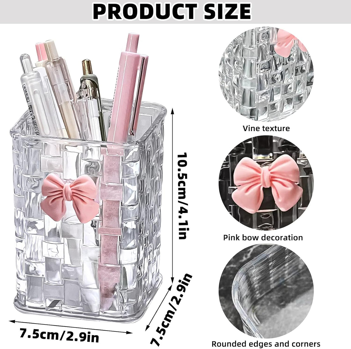 Acrylic Pen Holder for Desk, Clear Pencil Organizer Makeup Brush Cup Holders with Bow Back To School Accessories for Teachers Appreaction Present (Transparent)