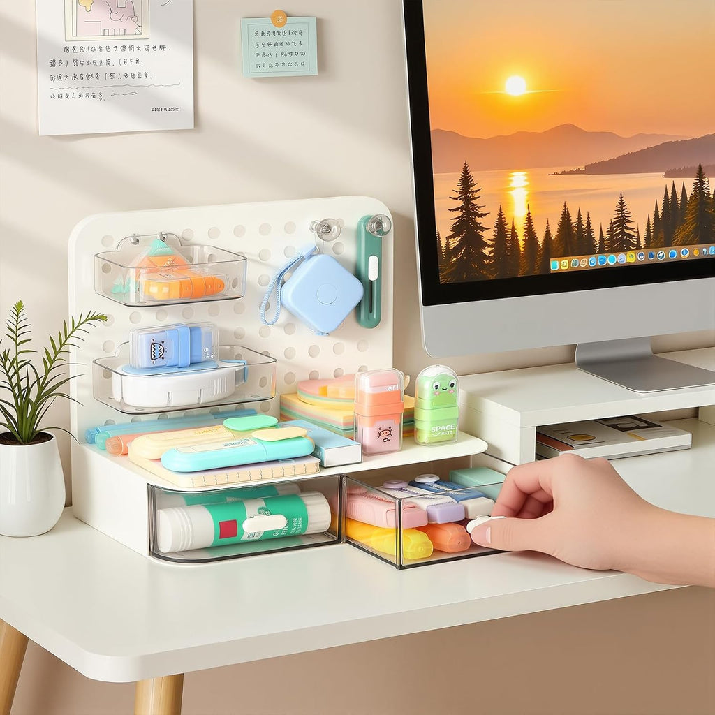 LETURE Desktop Stationery Organizer Storage with 3 Drawers, Plastic Desk Organization Holder with Pegboard Shelf & Adjustable Compartments for Stationery Office Supplies Makeup Accessories (White)