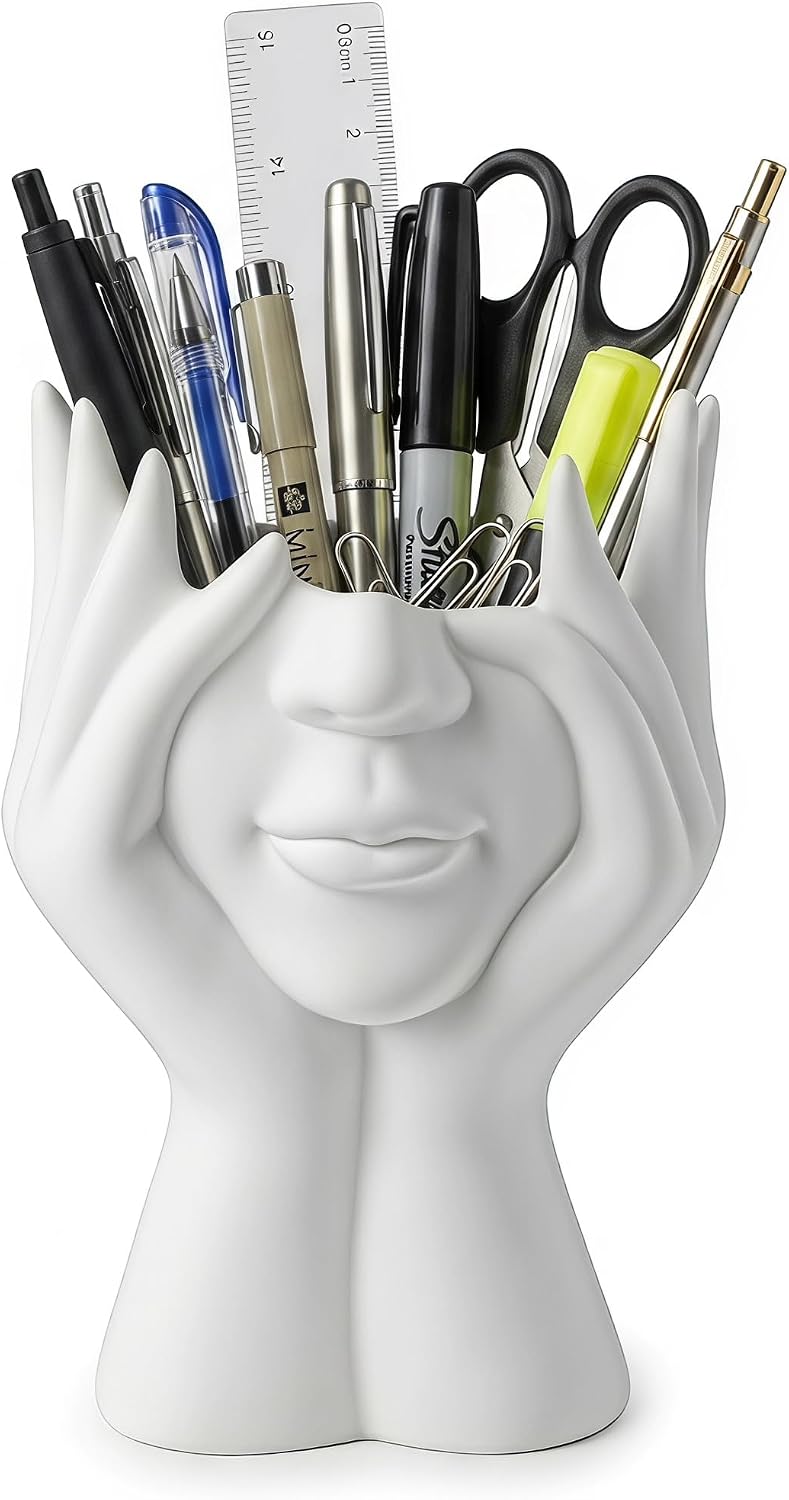 Face-Holding Creative Abstract Pen Holder Pencil Holder, Desktop Decorative Ornament, Vanity Makeup Brush Storage Organizer, Suitable for Home Office Bookshelf Room
