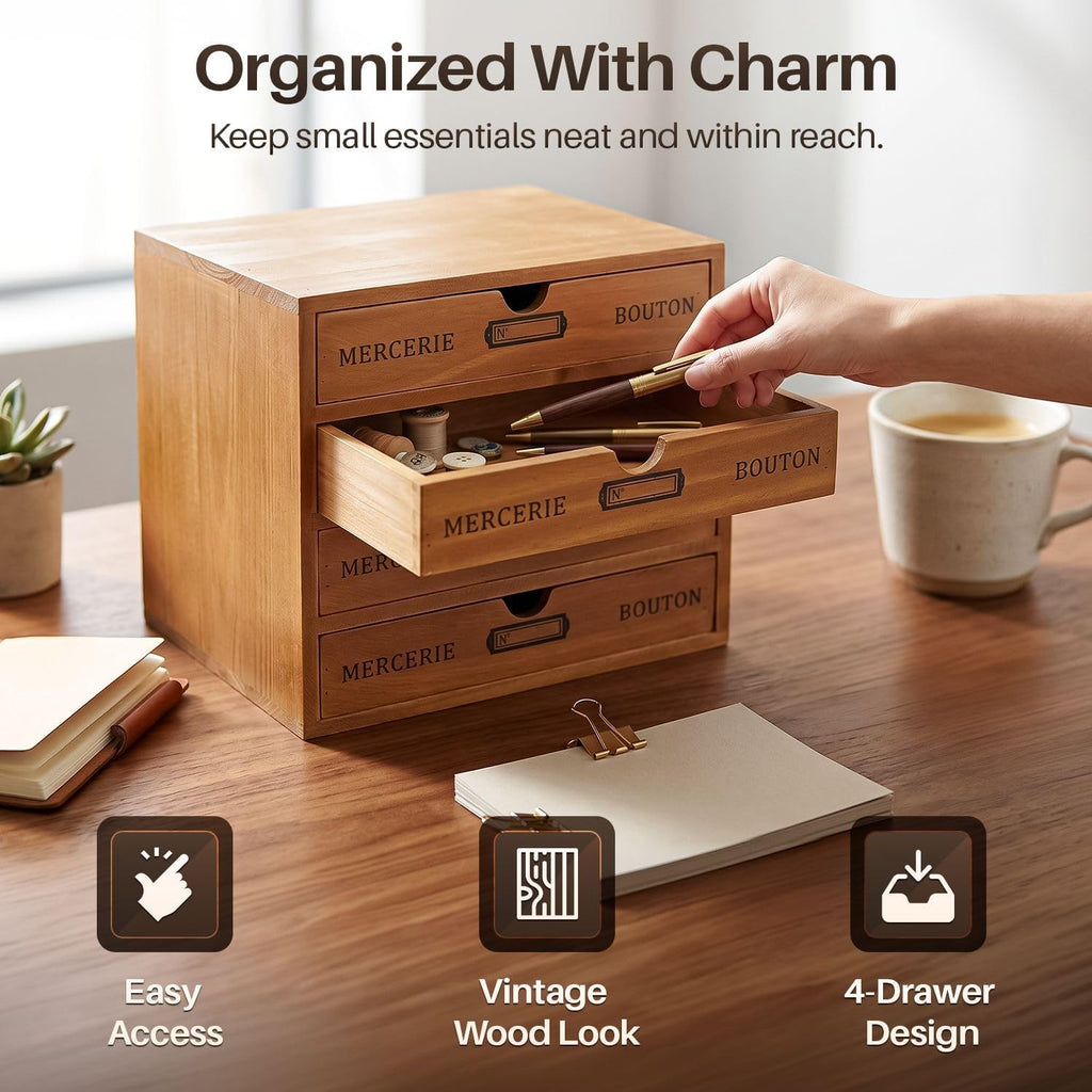 Flexzion Wooden Storage Box with 4 Drawers, Vintage Desktop Organizer
