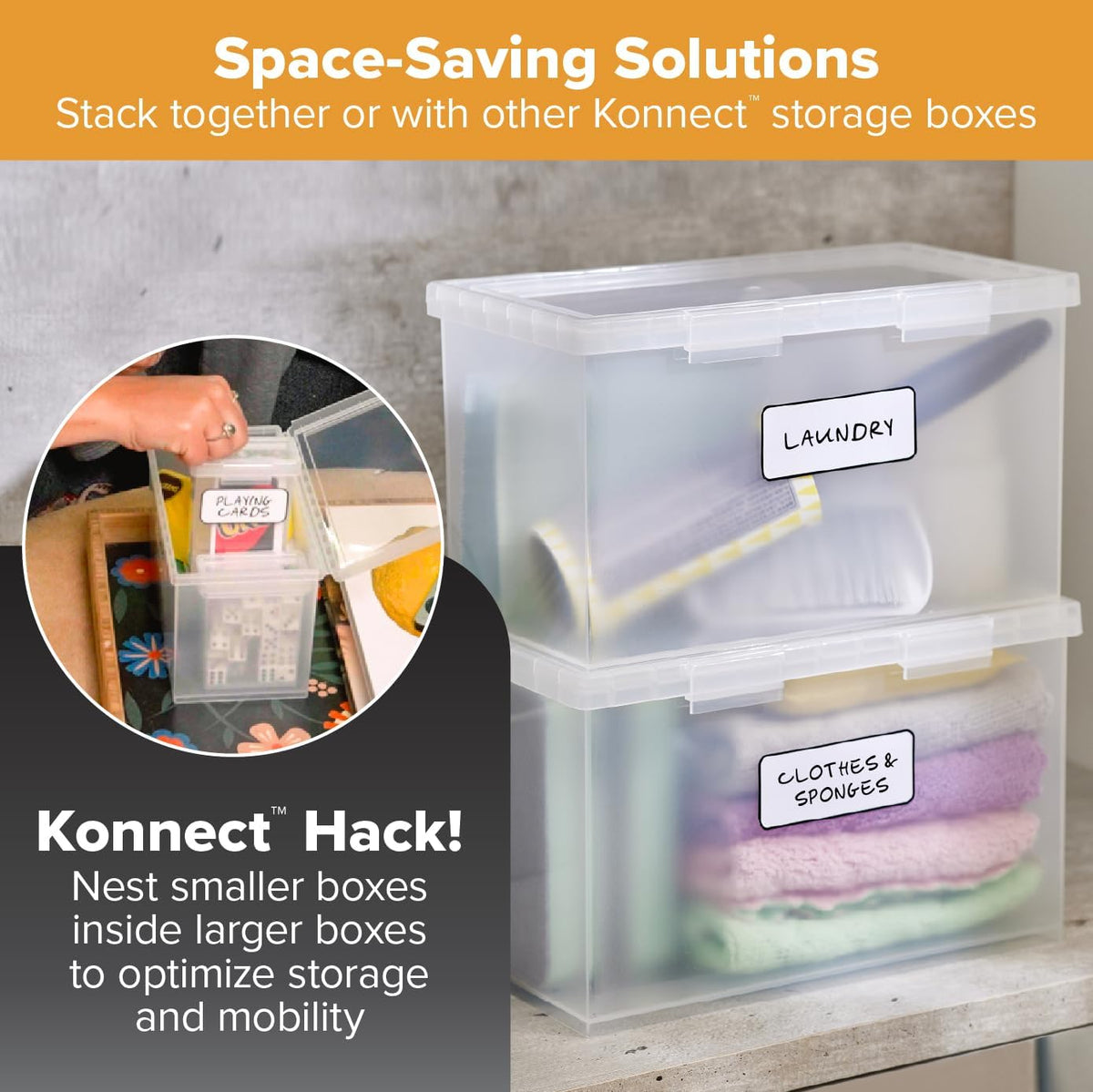 Bostitch Konnect Storage Containers with Lids, Office Organizer, Clear Plastic Box, Desk and Home Organizer, Labels, 4 Qt, 2 Pack