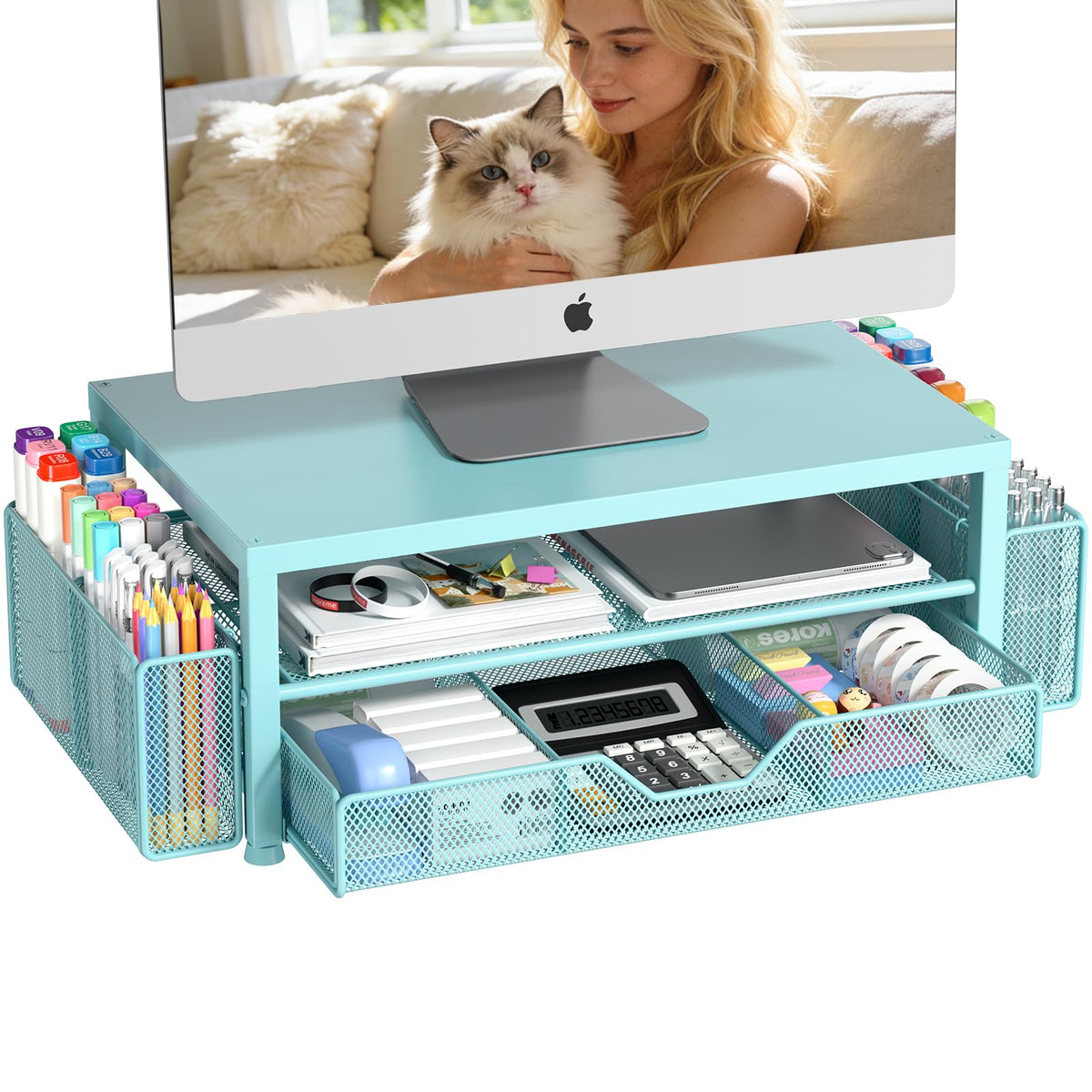 OPNICE Desk Organizers and Accessories, Computer Monitor Stand Riser with Drawer and 2 Pen Holders, Printer & Laptop Stand, Office Desk Accessories & Workspace Organizers for Home Office Supplies, Black