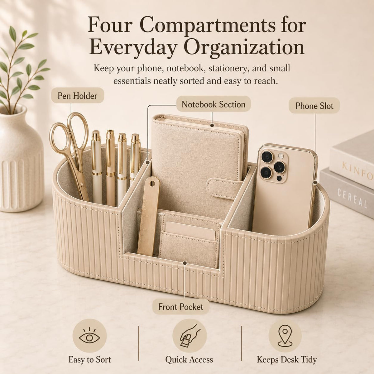KINGFOM Aesthetic Desk Organizer for Women, Luxury Faux Leather Desk Accessories with 4 Compartments, Minimalist Vanity Organizer for Makeup Brushes, Beige Office Decor for Home, Bedroom & Workspace