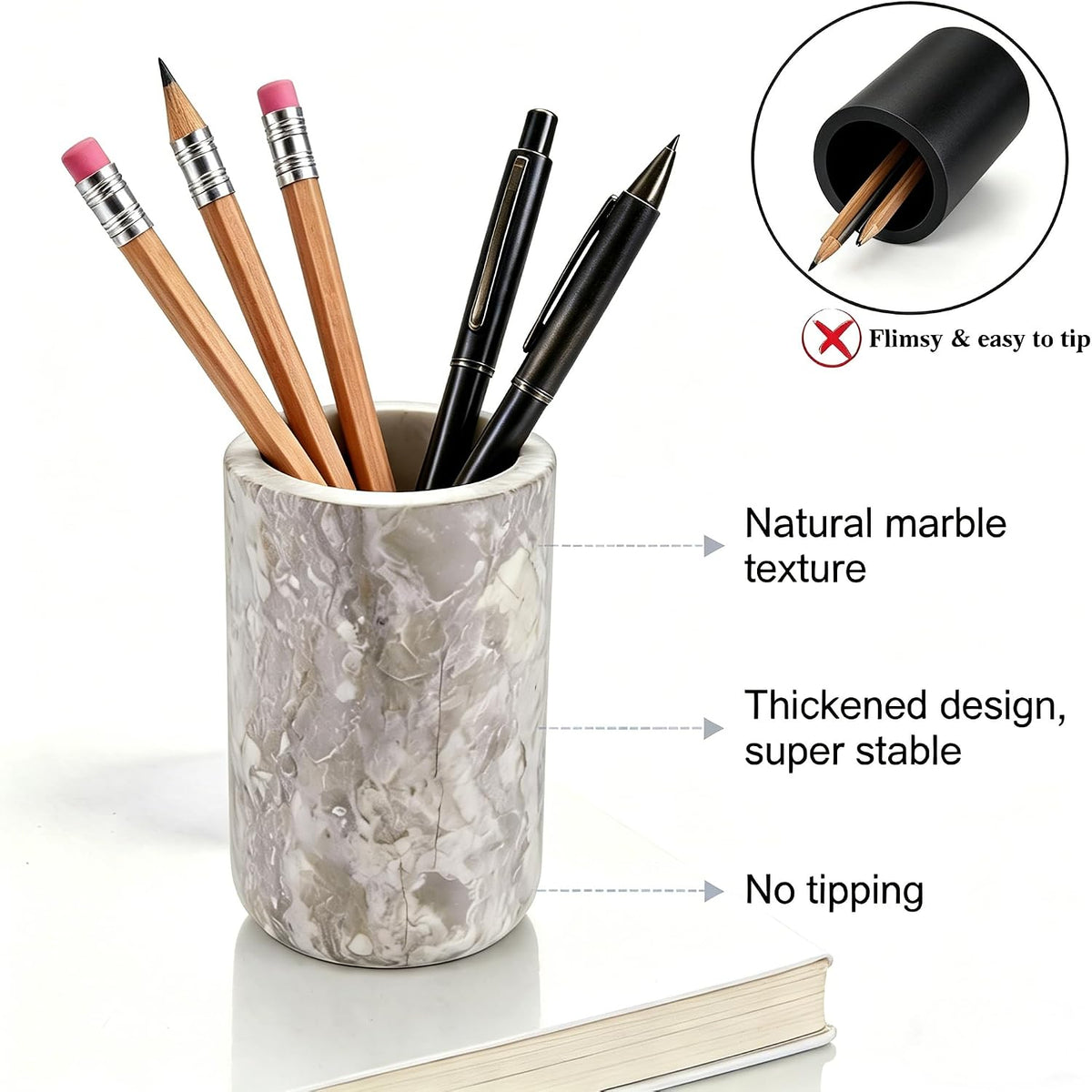 Natural Marble Pen Holder Minimalist Desk Stationery Organizer