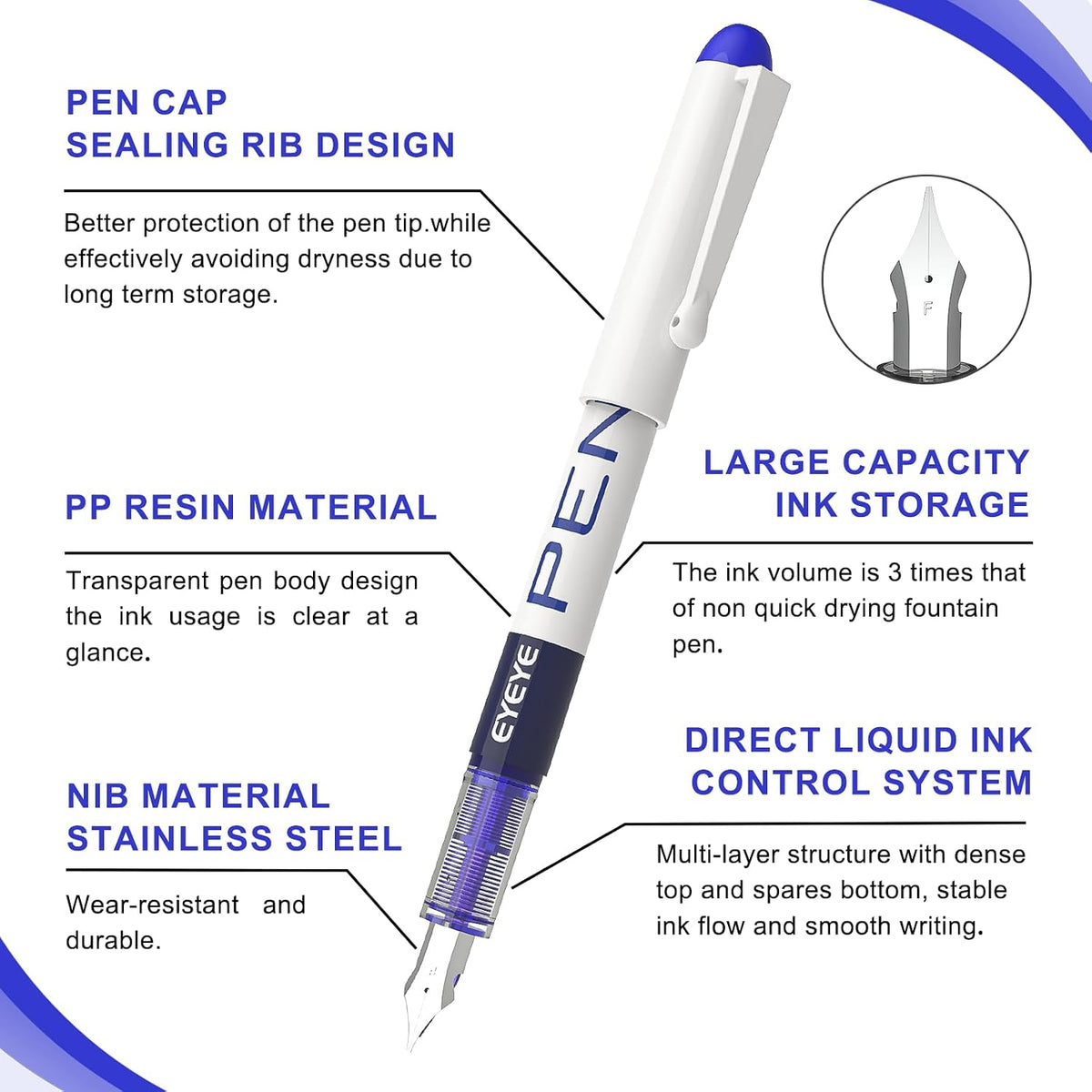 EYEYE Fountain Pens for Writing, 8 Pack Assorted Colors Fine Point Disposable Fountain Pens Stainless Steel Nib, Smooth Writing for Journaling, Drafting, Sketching, Doodling & Gifts