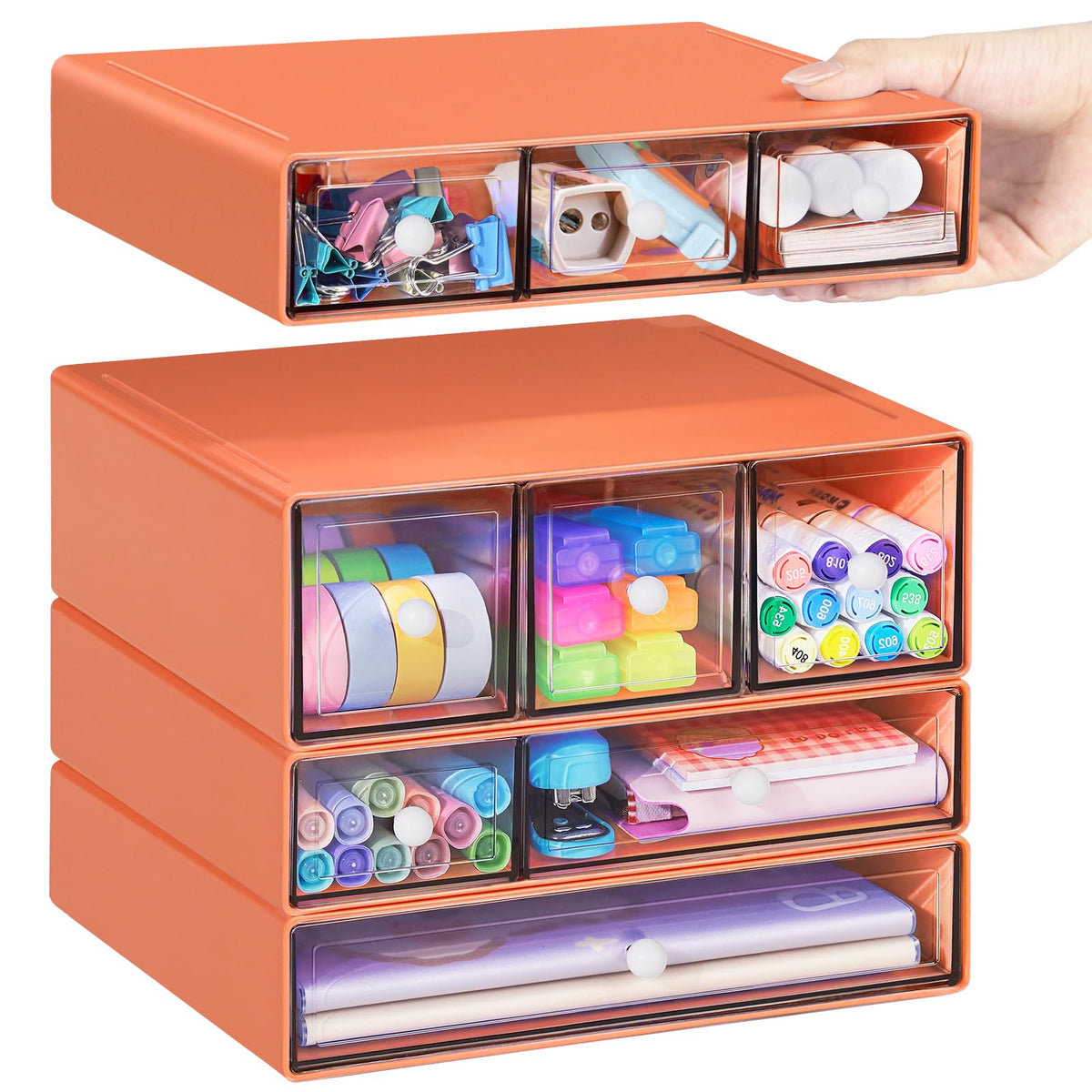 Desk Storage Organizer with 9 Drawers, 4 Tiers Stackable Desktop Craft Storage Drawers, Clear Storage Box Caddy for Stationary Makeup Jewelry Office Craft Supplies (Purple)