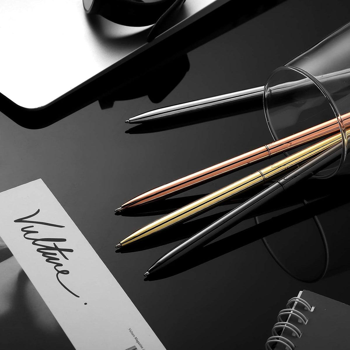 Zonon 8 Piece Gold Slim Pens Metal Ballpoint Rose Metallic Twist Black Ink Pen 1.0 mm Glossy Retractable Writing for Home School Students Teachers Wedding Gift, Rose, Gold, Steel, Silver