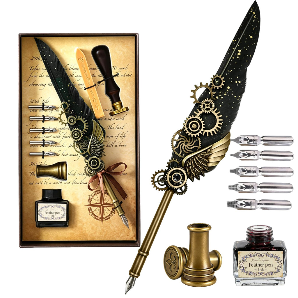 Joyeee Grey Feather Quill Pen Set, with Dip Pen Ink, Pen Nib Base, Replacement Stainless Steel Nibs, Sealing Wax Stamp Kit for Calligraphy Practice, Drawing & Signatures, Best Gifts for Women Men