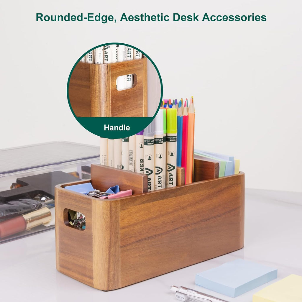 Acacia Wood Pen Holder for Desk, Adjustable Large 4 Cups Desk Organizer