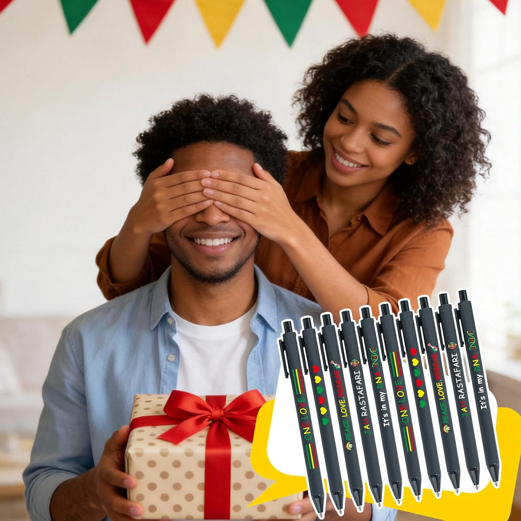 8 Pack Reggae Music Ballpoint Pens, Black Ink Peace Love Quote Writing Instruments for Jamaica Culture Fans, Stylish Stationery Set, Retractable Pens for Office Home Use