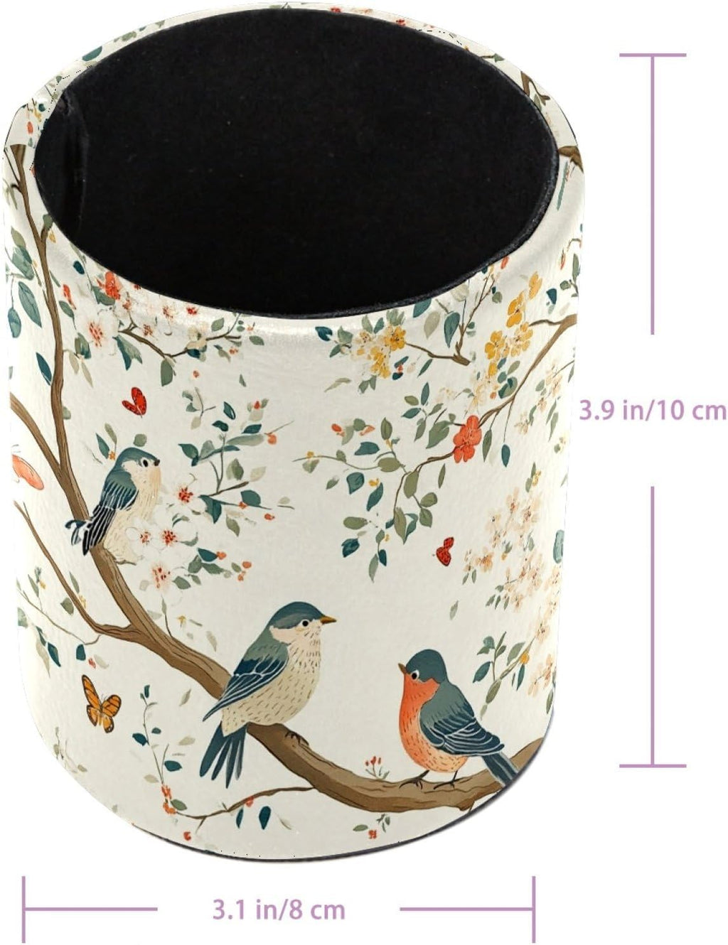 Leather Pen Holder for Desk, Birds Branches Butterflies Pencil Cup Pen Organizer Makeup Brush Holder for Office Home Kids Countertop Desk Accessory Storage