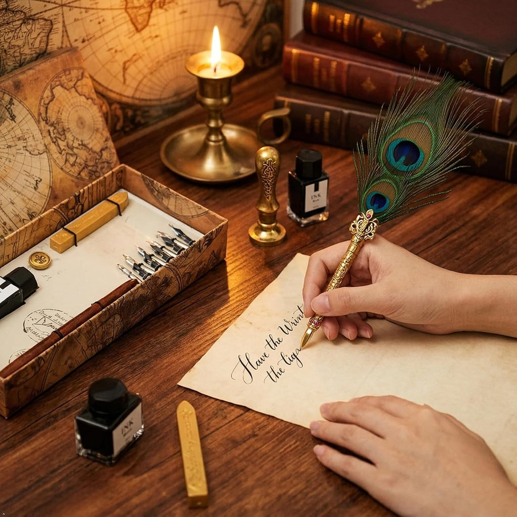 Peacock Feather Pen and Ink Set, Wax Seal Kit Present Box