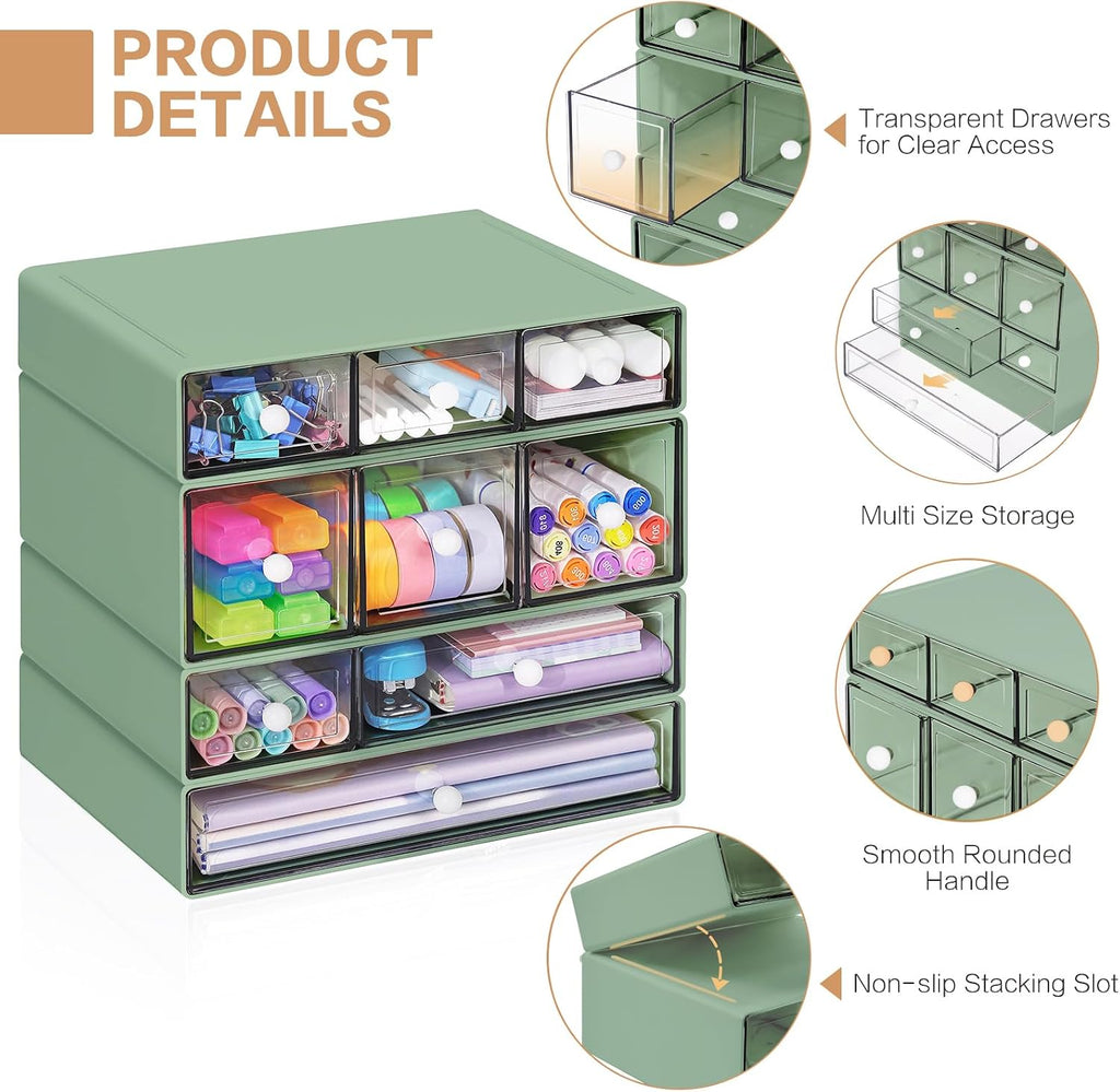 Desk Storage Organizer with 9 Drawers, 4 Tiers Stackable Desktop Craft Storage Drawers, Clear Storage Box Caddy for Stationary Makeup Jewelry Office Craft Supplies (Green)