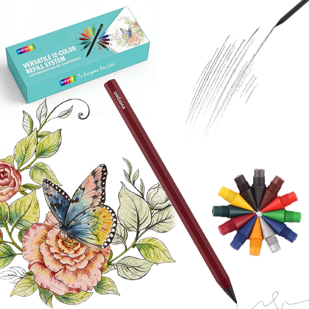Forever Pencil,Metal Alloy Writing Instrument, With 12 Colored Refill Tips, No Sharpening Required, Pencils for Drawing, Sketching and Writing,Bonus Gift Storage Box (Black, No Gift Box)