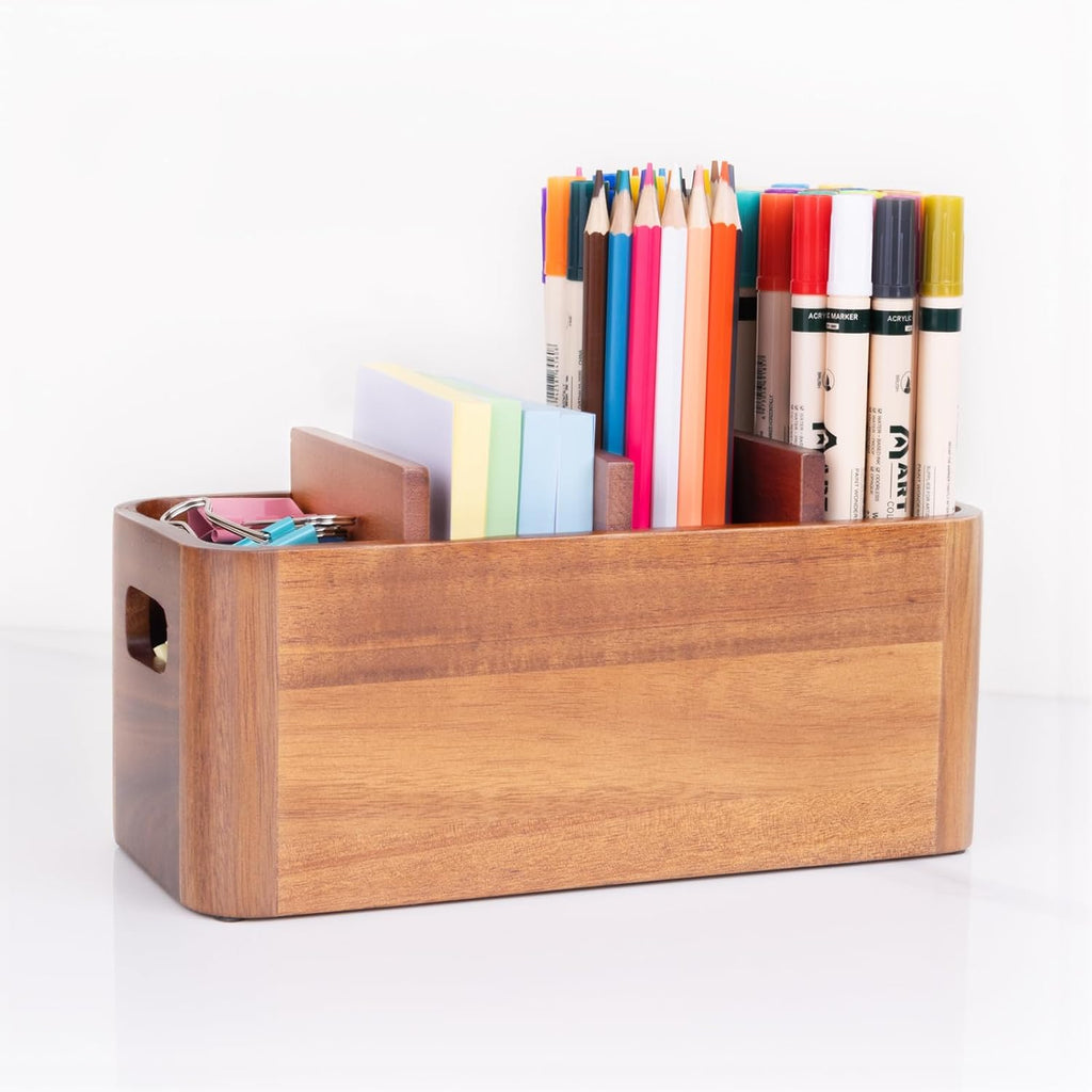 Acacia Wood Pen Holder for Desk, Adjustable Large 4 Cups Desk Organizer