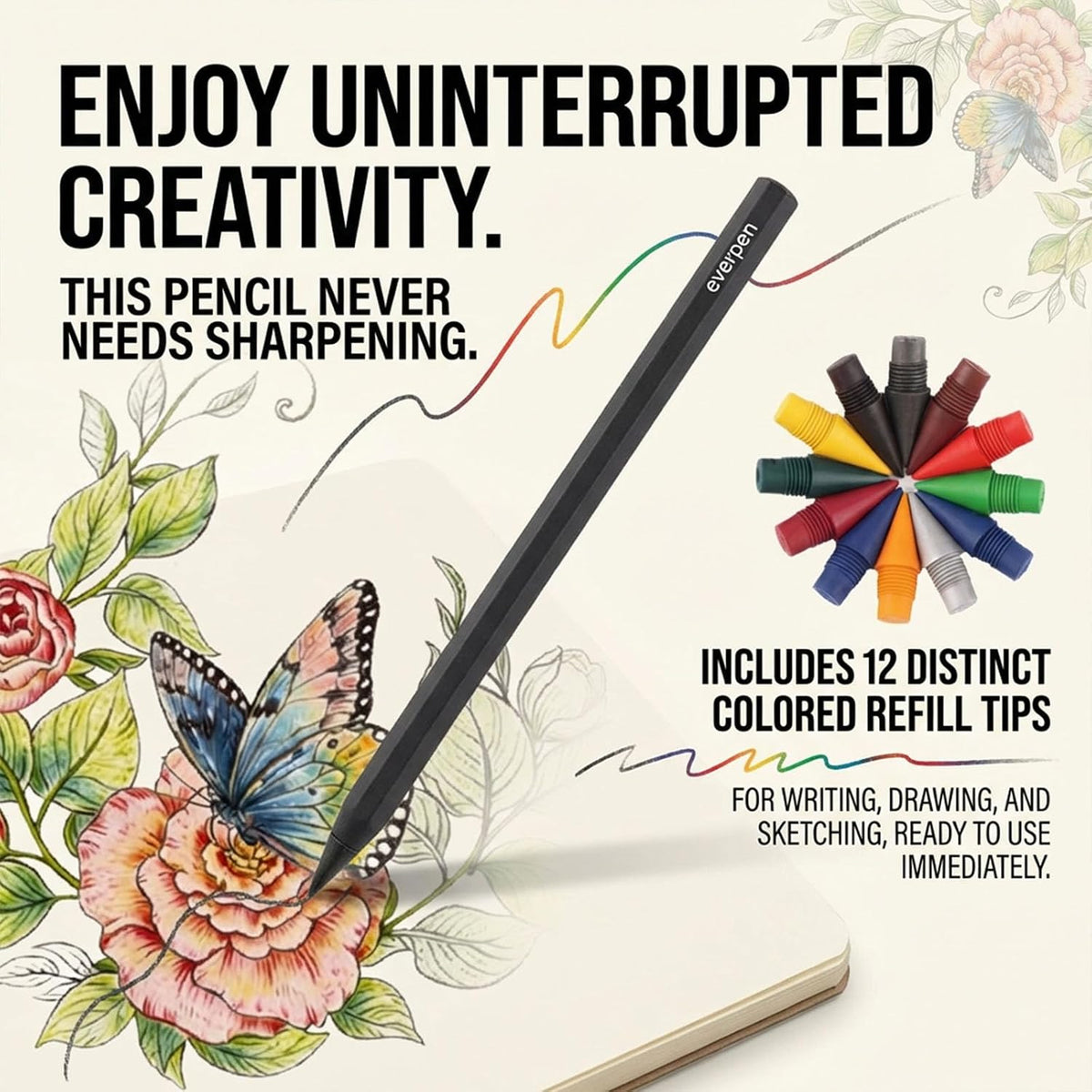 Forever Pencil,Metal Alloy Writing Instrument, With 12 Colored Refill Tips, No Sharpening Required, Pencils for Drawing, Sketching and Writing,Bonus Gift Storage Box (Black, No Gift Box)