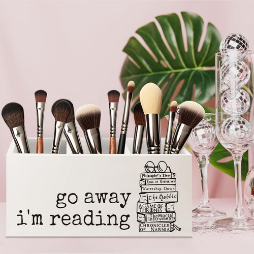 Book Lovers Gifts Wooden Pen Pencil Holder for Classroom Library Office Desk Accessories, Reading Gifts for Book Lovers Readers, Bookish Makeup Brush Toothbrush Holder Organizer for Bathroom