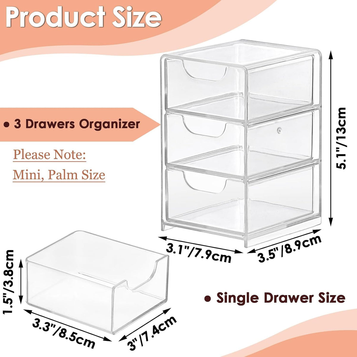 BTSKY 1 Pack Small Acrylic Storage Organizer with Drawers, 3-Layer