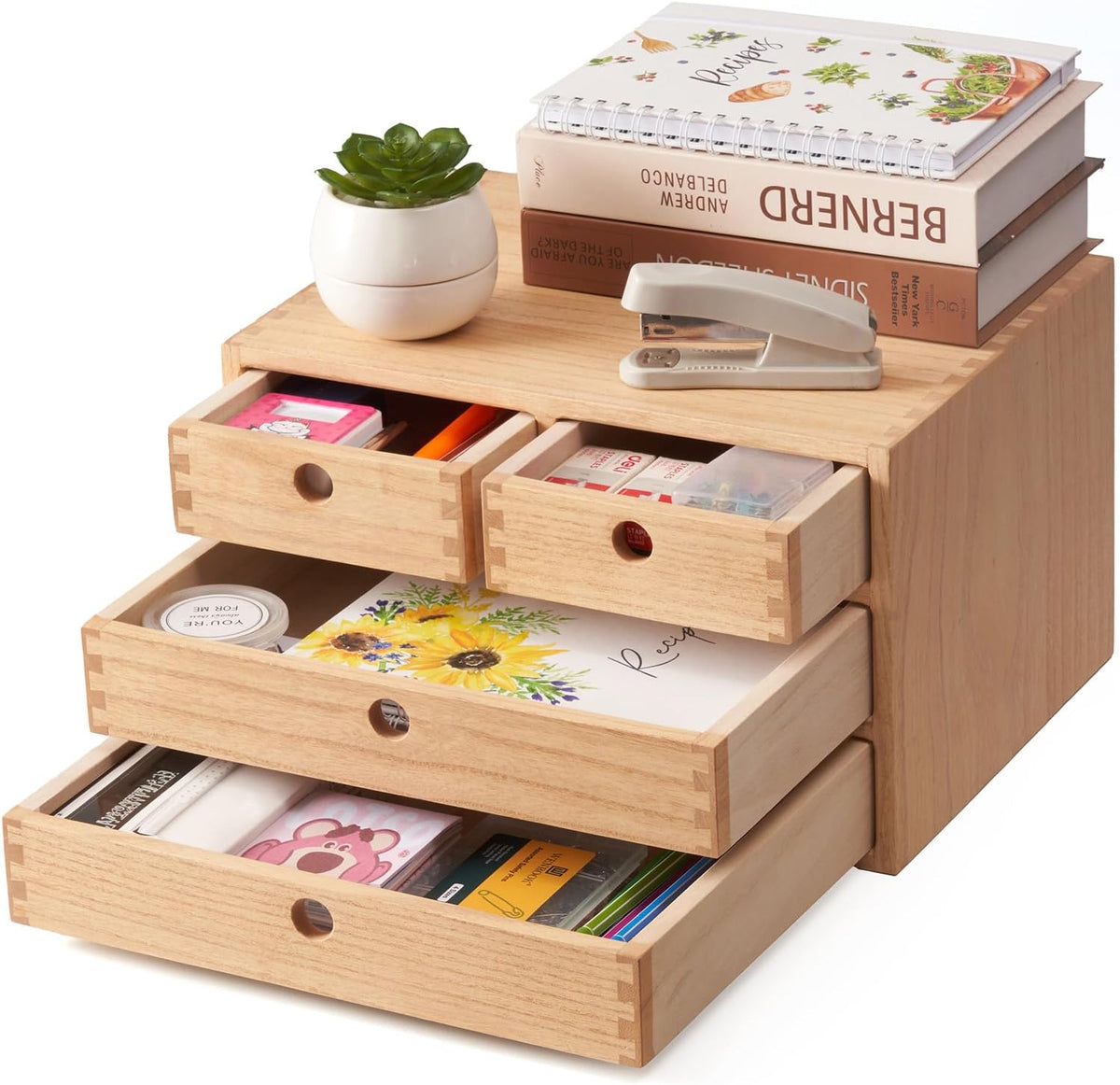 KIRIGEN Wood Desk Organizer with 4 Drawers, Desktop Storage, Natural 34-NA