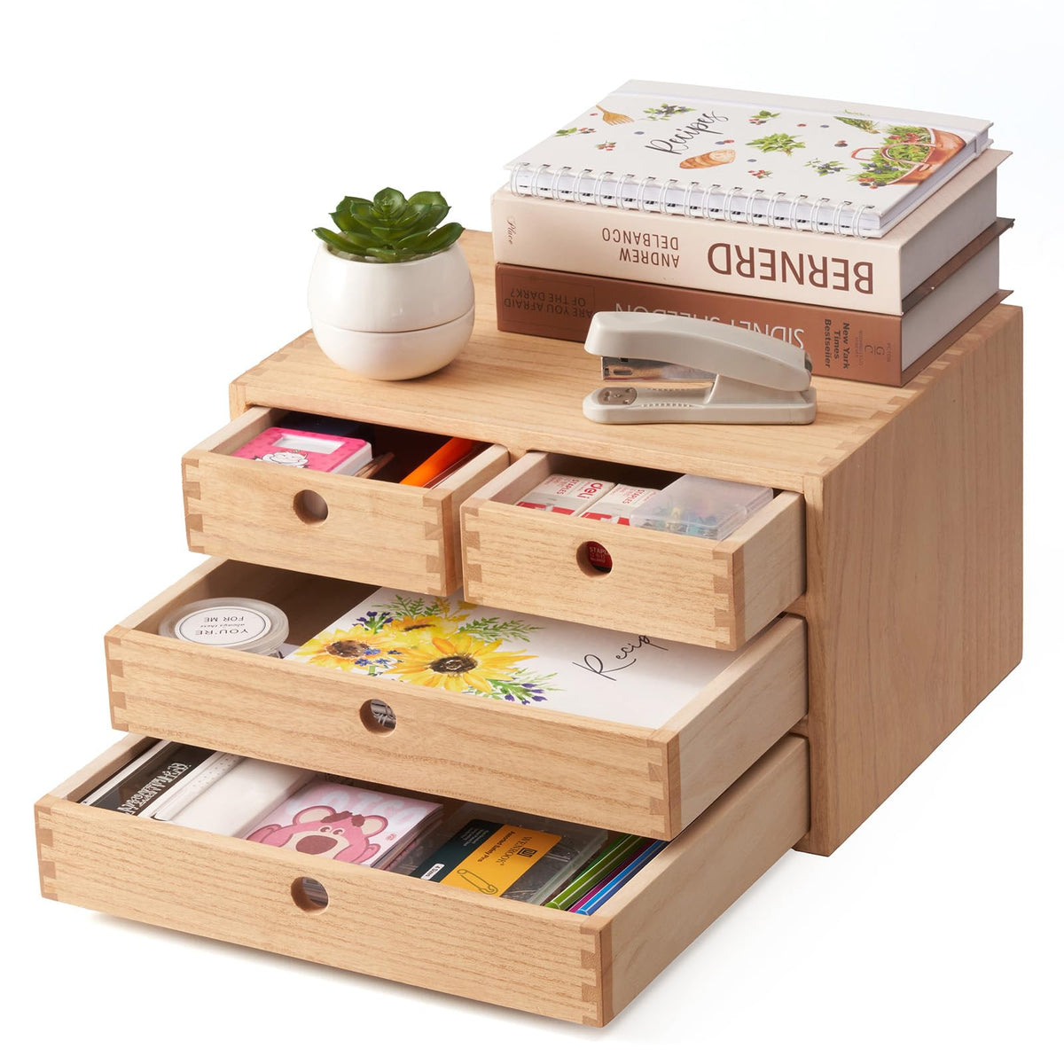 KIRIGEN Wood Desk Organizer with 4 Drawers, Desktop Storage, Natural 34-NA