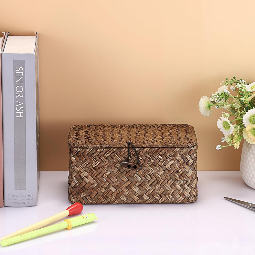 Hipiwe Handwoven Wicker Basket with Lid Small Desktop Seagrass Organizer