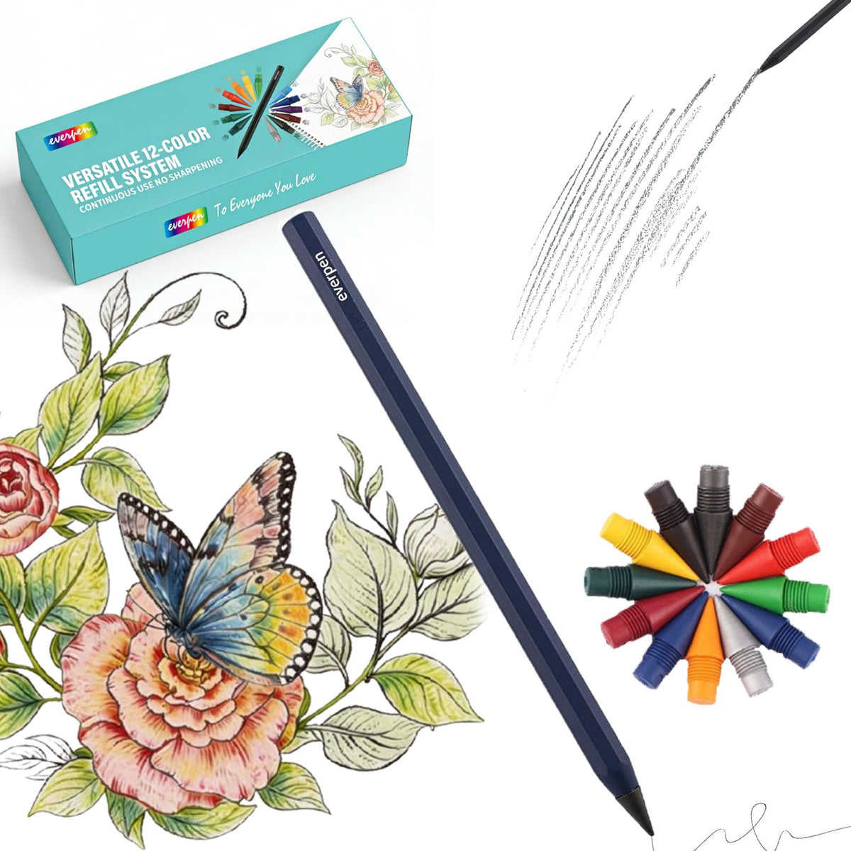 Forever Pencil,Metal Alloy Writing Instrument, With 12 Colored Refill Tips, No Sharpening Required, Pencils for Drawing, Sketching and Writing,Bonus Gift Storage Box (Black, No Gift Box)