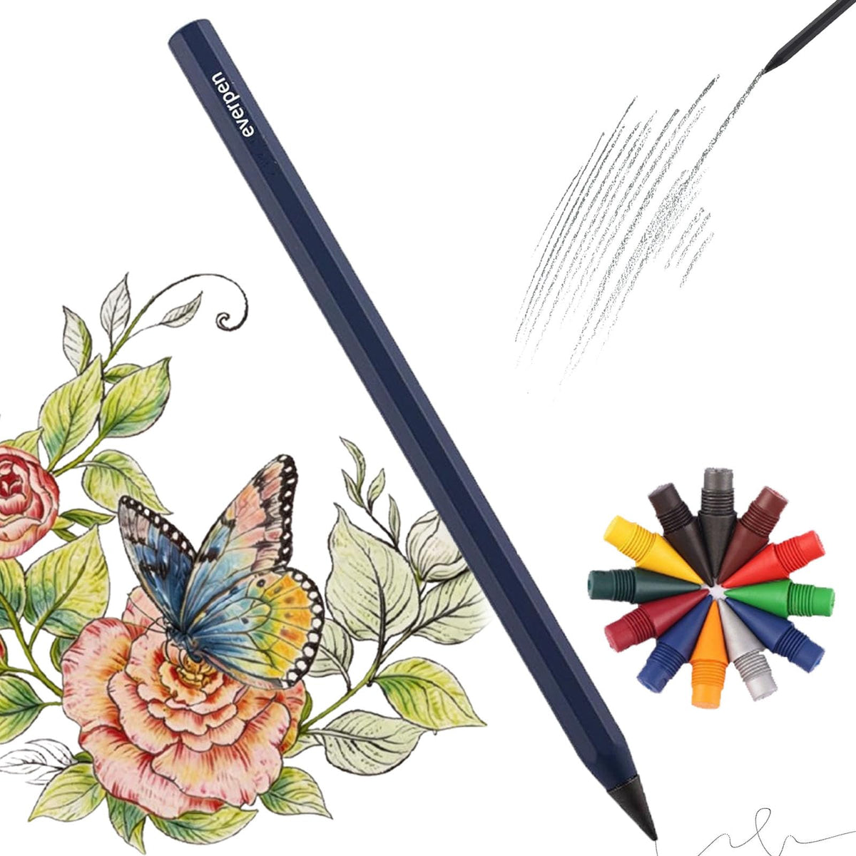 Forever Pencil,Metal Alloy Writing Instrument, With 12 Colored Refill Tips, No Sharpening Required, Pencils for Drawing, Sketching and Writing,Bonus Gift Storage Box (Black, No Gift Box)