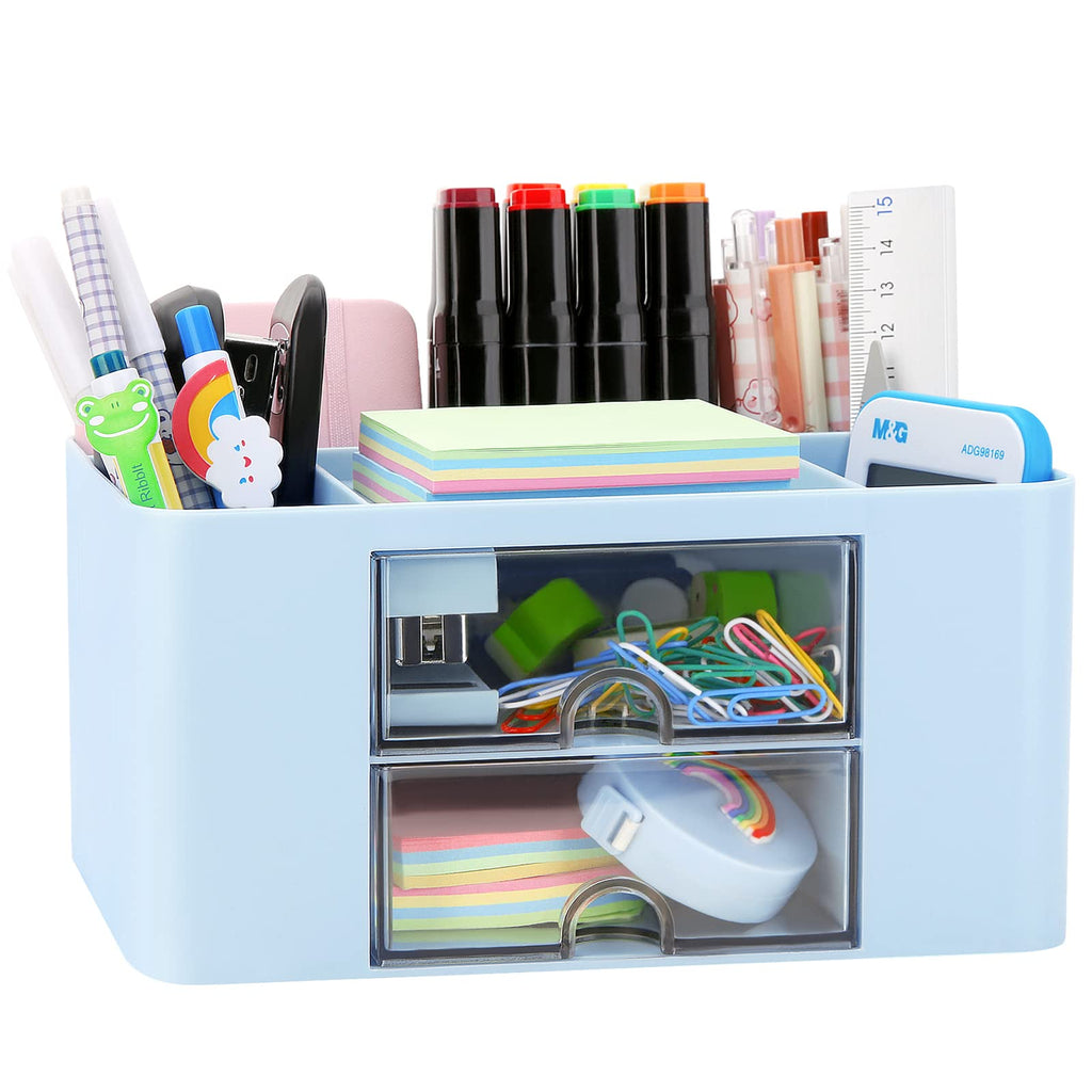 Desk Organizer with 2 Drawer, Plastic Desktop Pen Pencil Card Holder Storage Box for Desk, Office Supplies, Vanity Table Office School Home (White)