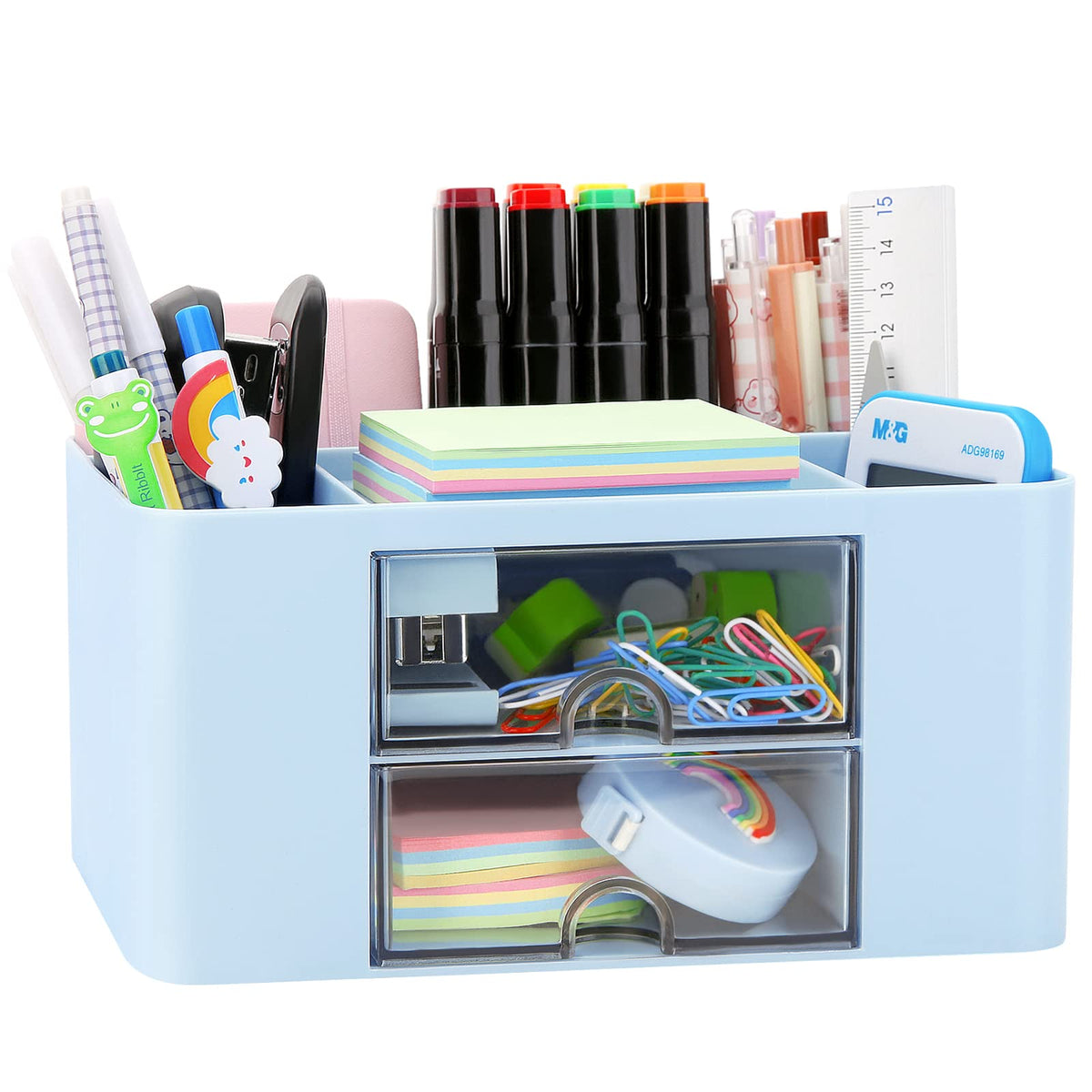 Desk Organizer with 2 Drawer, Plastic Desktop Pen Pencil Card Holder Storage Box for Desk, Office Supplies, Vanity Table Office School Home (White)