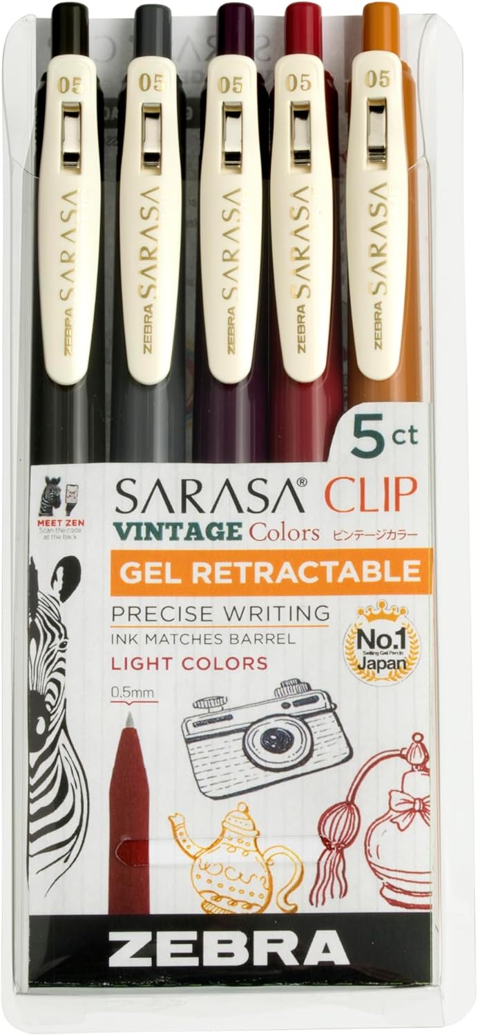 Zebra Pen SARASA Clip Retractable Gel Pen, Assorted Vintage Dark Ink, 5-Pk