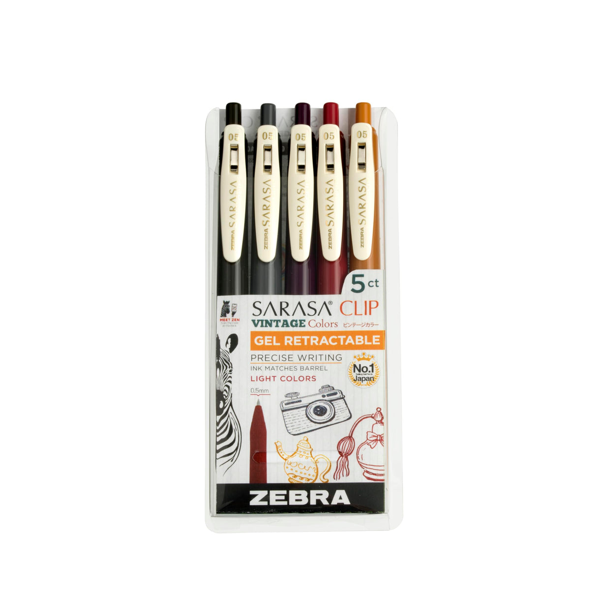 Zebra Pen SARASA Clip Retractable Gel Pen, Assorted Vintage Dark Ink, 5-Pk