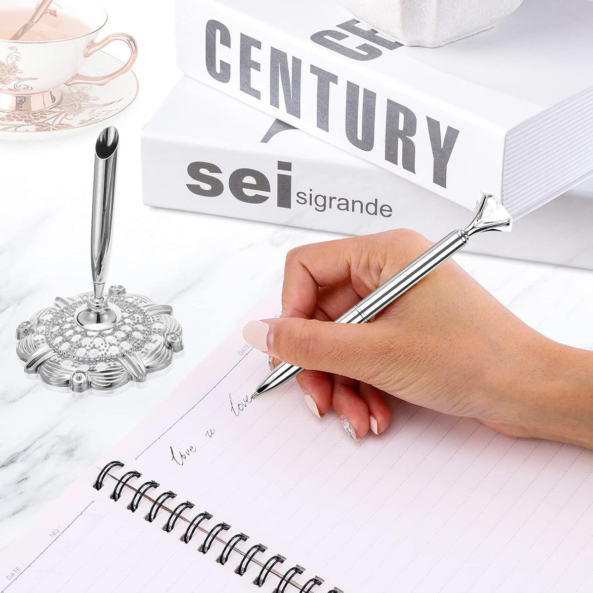 Hollow Round Pen Holder Signing Pen Set with Big Diamond Crystal Pen for Wedding Bridal Opening Ceremony Graduation Office, Silver(Black Ink)