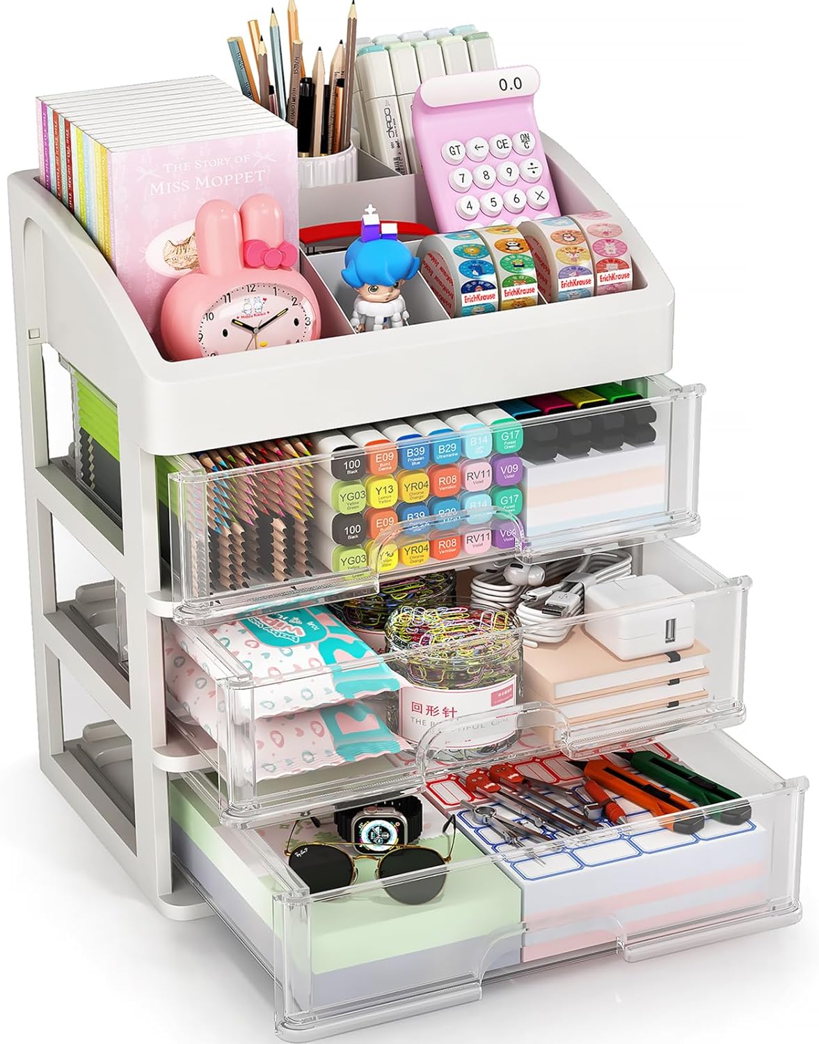 Desk Organizer with Drawers, 3 Drawers Storage Organizer, Desktop Storage Drawers for Office/School Supplies, Plastic Stationary Makeup Organizer, Desk Storage Box for Office, School, Home
