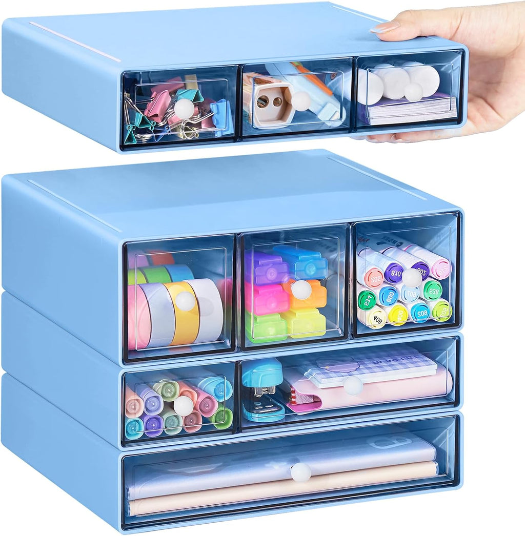 Desk Storage Organizer with 9 Drawers, 4 Tiers Stackable Desktop Craft Storage Drawers, Clear Storage Box Caddy for Stationary Makeup Jewelry Office Craft Supplies (Blue)