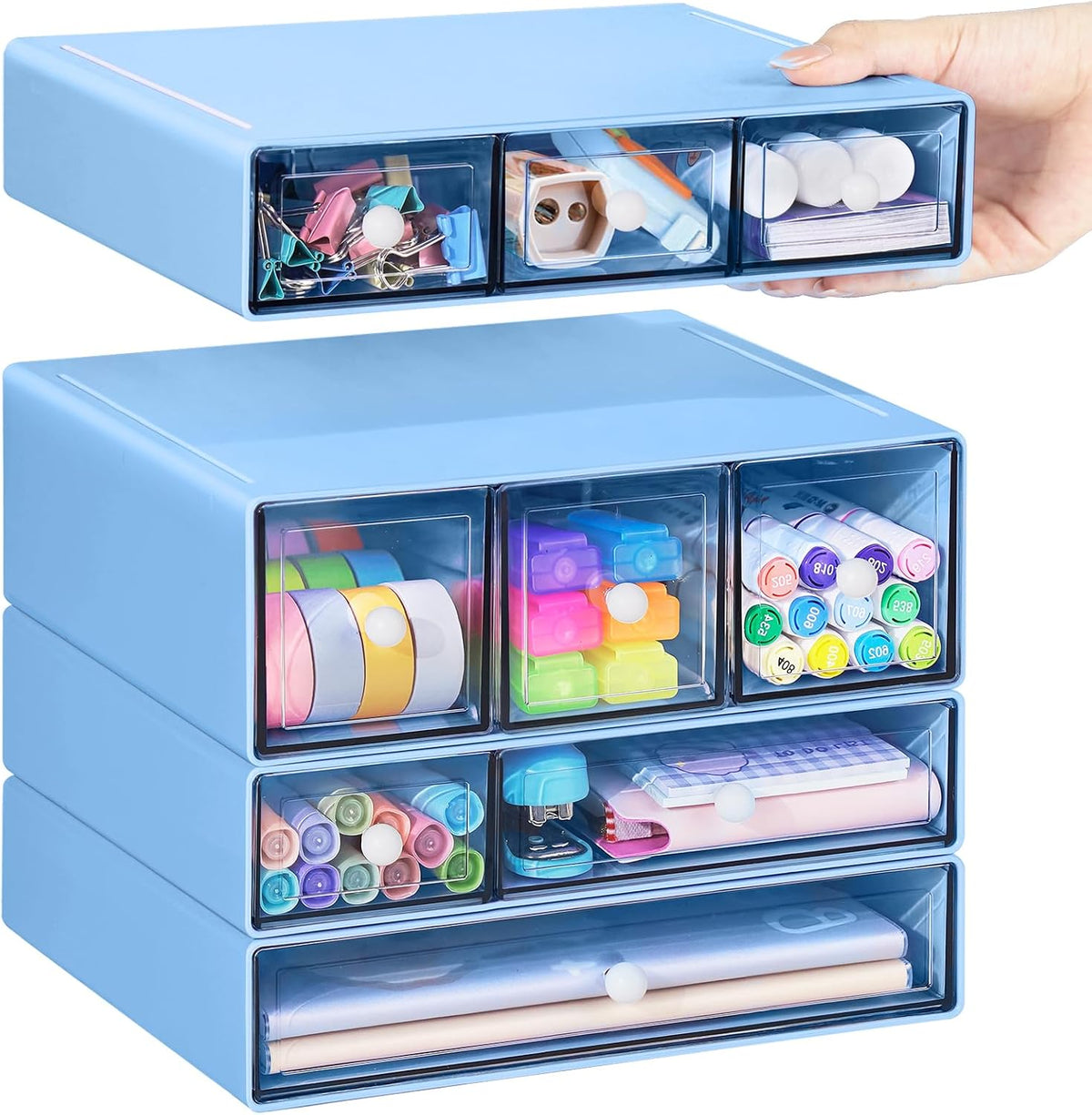 Desk Storage Organizer with 9 Drawers, 4 Tiers Stackable Desktop Craft Storage Drawers, Clear Storage Box Caddy for Stationary Makeup Jewelry Office Craft Supplies (Blue)