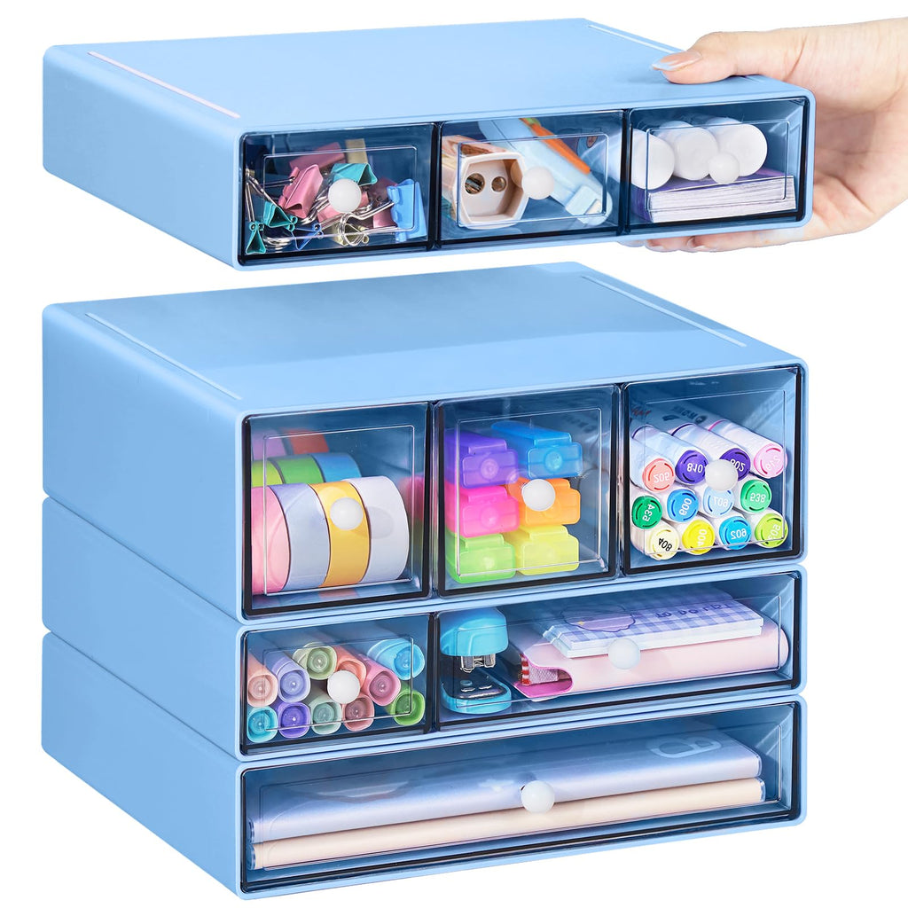 Desk Storage Organizer with 9 Drawers, 4 Tiers Stackable Desktop Craft Storage Drawers, Clear Storage Box Caddy for Stationary Makeup Jewelry Office Craft Supplies (White)